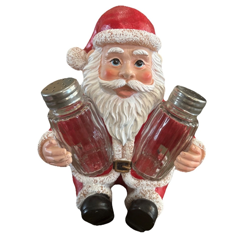 Christmas Jolly North Pole Santa Claus Glass Salt Pepper Shakers Holder Figurine